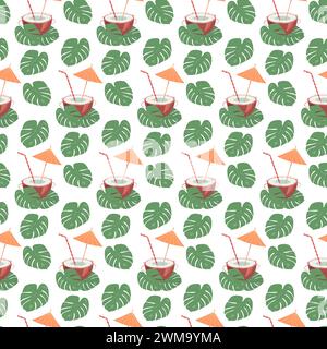 Metà cocco e cannuccia da cocktail e ombrello all'interno con foglie di monstera. Motivo estivo senza cuciture. Isolare. EPS. Concetto di design vettoriale per l'imballaggio, lo sfondo o la carta da parati, cartoline, poster, striscioni Illustrazione Vettoriale