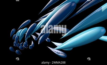forme a goccia blu allungate che scorrono in un gruppo sul nero. Foto Stock