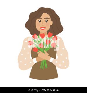 Donna felice con i tulipani rossi in mano. Elemento cartoni animati piatto disegnato a mano. Illustrazione vettoriale Illustrazione Vettoriale