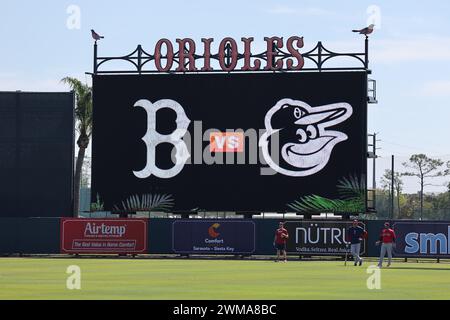 Sarasota FL USA; Una visione generale del tabellone segnapunti all'Home Opener prima di una partita di allenamento primaverile della MLB tra i Baltimore Orioles e i Boston Re Foto Stock