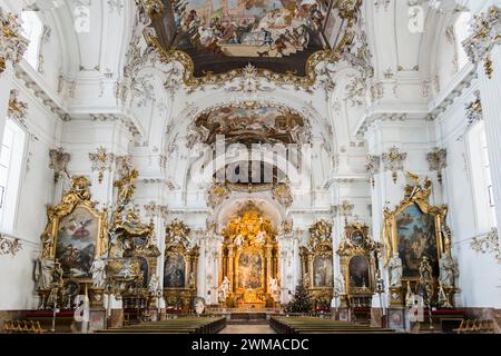 Chiesa barocca, vista interna, Marienmuenster, Diessen, Ammersee, Fuenfseenland, Pfaffenwinkel, alta Baviera, Baviera, Germania Foto Stock