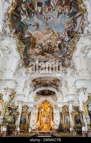 Chiesa barocca, vista interna, Marienmuenster, Diessen, Ammersee, Fuenfseenland, Pfaffenwinkel, alta Baviera, Baviera, Germania Foto Stock