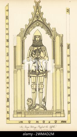 Ottoni monumentali di Sir George Felbrigg, chiesa di St Mary, Playford, Suffolk, XIV secolo. Sir George Felbrigge, morto nel 1400, cavaliere ed equerry di Edoardo III, in casco e tuta di armatura a placca, con tabard araldico. Incisione a mano in rame disegnata, incisa e pubblicata da John Sell Cotman in Engravings of the Most Remarkable of the Sepulchral Brasses in Suffolk, Henry Bohn, Londra, 1818. Foto Stock