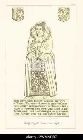 Ottone monumentale di Radcliff Wingfield, moglie di Sir Thomas Wingfield, morto nel 1601. Abito con stomacher, gonna farthingale con pannello ricamato riccamente, colletto con ruff verticale, cofano alla francese con ciondolo, stemmi, nella chiesa di Ognissanti, Easton, Suffolk. Incisione a mano in rame disegnata, incisa e pubblicata da John Sell Cotman in Engravings of the Most Remarkable of the Sepulchral Brasses in Suffolk, Henry Bohn, Londra, 1818. Foto Stock