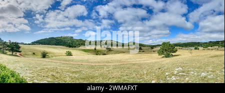 Vista panoramica vicino al crinale dell'altopiano ai-Petri verso le cime dei monti ai-Petri e Westron, Crimea, Russia. Foto Stock