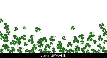 Composizione per St. Modello di poster Patricks Day. Le foglie di trifoglio sono disposte in modo casuale sul fondo. Concetto di vacanza. Per il post o l'opuscolo sui social media di un biglietto d'auguri di invito. Illustrazione vettoriale. Illustrazione Vettoriale