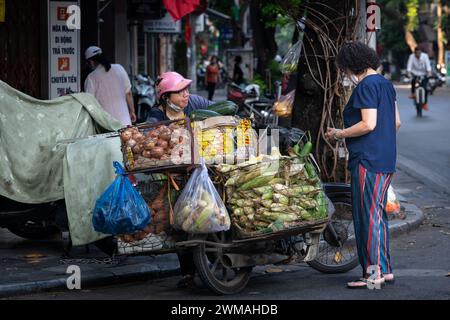 Venditore ambulante che vende cibo nel centro storico di Hanoi, Vietnam Foto Stock