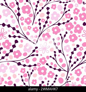 Motivo senza cuciture di fiori sakura semplici (fiori di ciliegio). disegno a mano. Non ai, illustrazione vettoriale Illustrazione Vettoriale