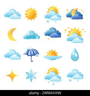 Grazioso set vettoriale di icona di app meteo isolata con nuvola, sole, neve, pioggia, fulmini, luna e stella. Elementi di interfaccia con design piatto. Cartoni animati minimalisti Illustrazione Vettoriale
