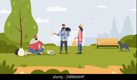 Senzatetto nel parco, persona povera, carattere mendicante Illustrazione Vettoriale