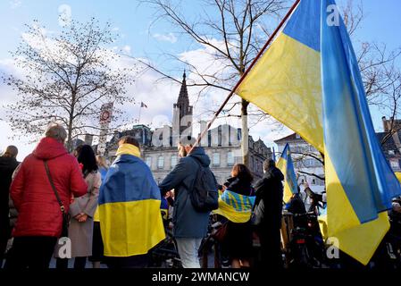 Strasburgo, Francia. 24 febbraio 2024. Dimostrazione a sostegno dell'Ucraina, invasa dalla Russia dal 4 febbraio 2022. L'Ucraina è in guerra da 2 anni e Strasburgo ha visto una serie di azioni per fermare l'invasione. Circa 500 persone marciarono dal Consolato russo alla Cattedrale di Strasburgo. Ha preso la parola l'ambasciatore Borys Tarasyuk, rappresentante permanente dell'Ucraina presso il Consiglio d'Europa. 24 febbraio 2024, a Strasburgo nel nord-est della Francia. Foto di Nicolas Roses/ABACAPRESS.COM credito: Abaca Press/Alamy Live News Foto Stock