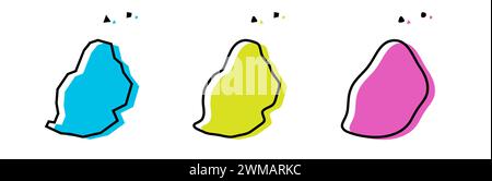 Il profilo nero delle Mauritius e le sagome colorate della campagna in tre diversi livelli di levigatezza. Mappe semplificate. Icone vettoriali isolate su sfondo bianco. Illustrazione Vettoriale
