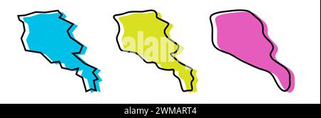 Profilo nero del paese dell'Armenia e silhouette colorate del paese in tre diversi livelli di levigatezza. Mappe semplificate. Icone vettoriali isolate su sfondo bianco. Illustrazione Vettoriale