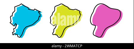 Contorno nero del paese dell'Ecuador e silhouette colorate del paese in tre diversi livelli di levigatezza. Mappe semplificate. Icone vettoriali isolate su sfondo bianco. Illustrazione Vettoriale