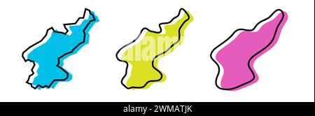 Profilo nero e silhouette colorate in Corea del Nord in tre diversi livelli di uniformità. Mappe semplificate. Icone vettoriali isolate su sfondo bianco. Illustrazione Vettoriale