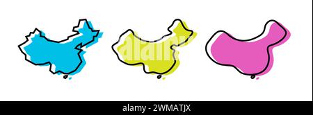Profilo nero del paese cinese e silhouette colorate del paese in tre diversi livelli di levigatezza. Mappe semplificate. Icone vettoriali isolate su sfondo bianco. Illustrazione Vettoriale