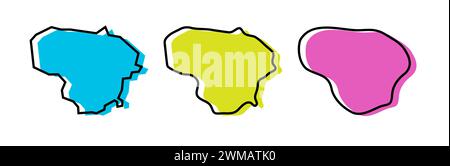 Profilo nero del paese lituano e silhouette colorate del paese in tre diversi livelli di levigatezza. Mappe semplificate. Icone vettoriali isolate su sfondo bianco. Illustrazione Vettoriale