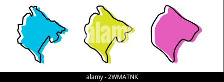 Il contorno nero del paese del Montenegro e le silhouette colorate del paese in tre diversi livelli di levigatezza. Mappe semplificate. Icone vettoriali isolate su sfondo bianco. Illustrazione Vettoriale