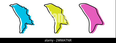 Profilo nero del paese moldavo e silhouette colorate del paese in tre diversi livelli di levigatezza. Mappe semplificate. Icone vettoriali isolate su sfondo bianco. Illustrazione Vettoriale