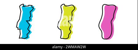 Contorno nero del Portogallo e silhouette country colorate in tre diversi livelli di morbidezza. Mappe semplificate. Icone vettoriali isolate su sfondo bianco. Illustrazione Vettoriale