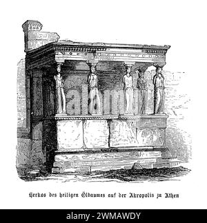 Le cariatidi dell'Eretteo, una caratteristica distintiva di questo antico tempio greco situato sull'Acropoli di Atene, sono un simbolo iconico dell'architettura classica e dell'arte. L'Eretteo, costruito tra il 421 e il 406 a.C., è notevole per la sua pianta complessa e irregolare, che ospitava il terreno sacro e irregolare dell'Acropoli. Tra le sue varie innovazioni architettoniche, la più celebre è il Portico delle Cariatidi, dove invece delle colonne tradizionali, sei figure femminili drappeggiate (cariatidi) sostengono la traballazione sulle loro teste Foto Stock