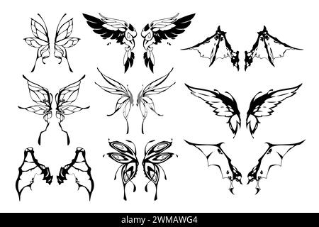 Un tatuaggio con ali di fata. Graziose silhouette a farfalla e farfalla, magiche parti del corpo in creature alate fantasia per il design del tatuaggio. Set isolato vettoriale Illustrazione Vettoriale