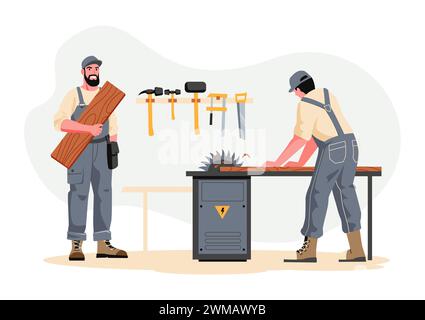Falegnami con mobili. Vettore di operaio e artigiano Illustrazione Vettoriale