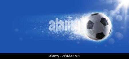 Pallone e stelle da calcio volanti, banner del campionato di calcio Foto Stock