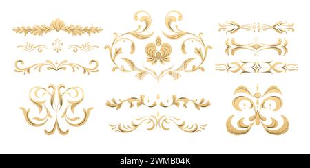 Parti ornamentali della cornice decorativa. Monogramma di lusso e adesivi con bordo di testo, inviti di nozze e adesivi con cornice di certificato. Set isolato vettoriale Illustrazione Vettoriale
