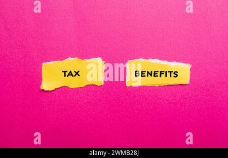 Parole sulle agevolazioni fiscali scritte su pezzi di carta strappati di colore giallo con sfondo rosa. Simbolo commerciale concettuale. Copia spazio. Foto Stock