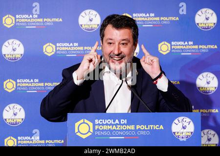 Roma, Italia. 25 febbraio 2024. Foto Roberto Monaldo/LaPresse25-02-2024 Roma politica Scuola di formazione politica della Lega nella foto Matteo Salvini 25-02-2024 Roma (Italia) Scuola di formazione politica del partito Lega nella foto Matteo Salvini crediti: LaPresse/Alamy Live News Foto Stock