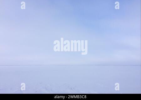 L'immagine cattura un vasto paesaggio pianeggiante coperto di neve sotto un cielo limpido. Foto Stock