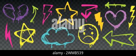 Set di elementi per graffiti a spruzzo con stella, freccia, cuore spezzato, nuvola, fulmine e sorrisi triste. Simboli grafici a colori con inchiostro grunge isolati su sfondo scuro. Pennello illustrazione vettoriale Street art. Illustrazione Vettoriale
