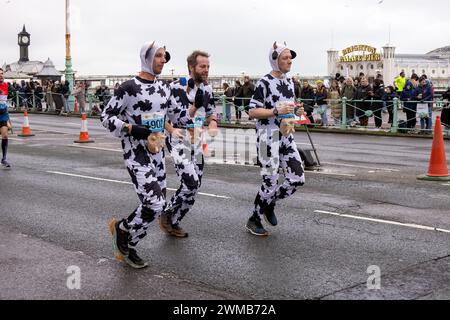 Kings Road, Brighton, City of Brighton & Hove, East Sussex, Regno Unito. I runner in abito elegante in questa mezza maratona di Brighton di quest'anno sotto un cielo nuvoloso e basse temperature lungo il lungomare di Brighton & Hove. 25 febbraio 2024. David Smith/Alamy Live News Foto Stock