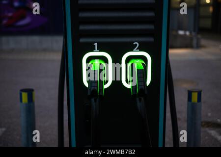 Due impugnature di ricarica di un caricabatterie per auto elettriche Foto Stock