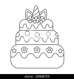 Pagina da colorare della torta agli unicorni. Torta di compleanno colorata con candele. Illustrazione del libro dei dessert da colorare. Stile doodle. Decorazione torta Illustrazione Vettoriale
