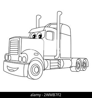 Pagina dei colori dei veicoli Smile Cartoon. Illustrazione del vettore del rimorchio di grandi dimensioni. Veicolo semi-camion pesante con faccia divertente. Profilo autocarro Illustrazione Vettoriale