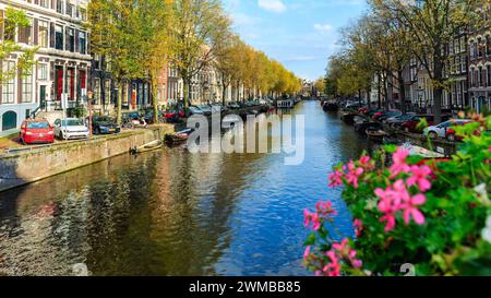 Amsterdam, Nedherlands - 5 novembre 2017: Skyline del centro città con case in mattoni e barche. Famoso punto di riferimento della vecchia città europea in autunno. Foto Stock