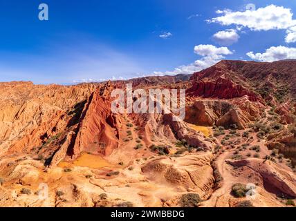 Vista dall'alto del bellissimo paesaggio del canyon Skazka. Rocks Fairy tale - famosa destinazione in Kirghizistan. Formazioni rocciose a forma di drago spi Foto Stock