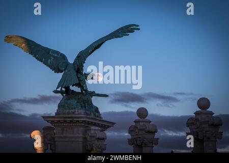 Budapest, Ungheria - novembre 25 2023: Statua degli uccelli di Buda Turul con la luna piena a Budapest, Ungheria; statue più belle del mondo Foto Stock