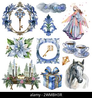 Collezione acquerello di articoli natalizi vintage, disegnati a mano isolati su sfondo bianco Foto Stock