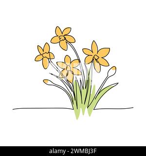 arte di linea, bouquet di fiori narcisi primavera ed estate, disegnando con una sola linea. sfondo bianco vettoriale Illustrazione Vettoriale