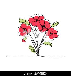 arte di linea, bouquet di fiori papavero primavera ed estate, disegno su una sola linea. sfondo bianco vettoriale Illustrazione Vettoriale