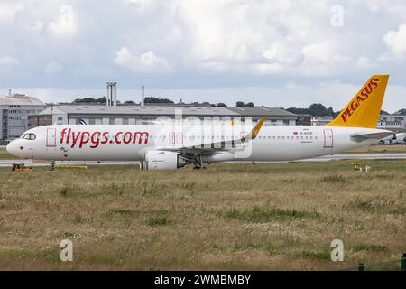 Der Airbus A321-251NX A21N der Fluglinie Pegasus PC / PGT mit der Registrierung D-AVZK MSN: 10962 sowie der zukünftige Registrierung TC-RBP startet vom Flughafen Hamburg Finkenwerder EDHI/XFW. Amburgo Amburgo Germania *** l'Airbus A321 251NX A21N della compagnia aerea Pegasus PC PGT con registrazione D AVZK MSN 10962 e la futura registrazione TC RBP decolla dall'aeroporto di Amburgo Finkenwerder EDHI XFW Amburgo Germania Foto Stock