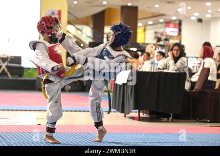 Tangerang sud, Indonesia. 25 febbraio 2024. I bambini gareggiano in classe ragazzi sulla categoria Kyorugi durante un campionato regionale di taekwondo per bambini a South Tangerang, provincia di Banten, Indonesia, il 25 febbraio 2024. Crediti: Agung Kuncahya B./Xinhua/Alamy Live News Foto Stock