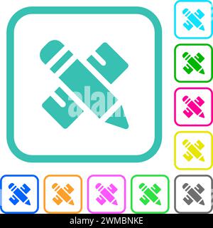 Matita e righello icone piatte dai colori vivaci con bordi curvi su sfondo bianco Illustrazione Vettoriale