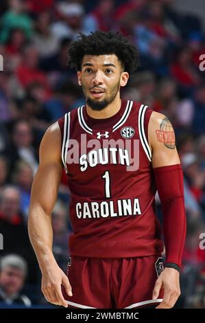 Oxford, Mississippi, Stati Uniti. 24 febbraio 2024. La guardia del South Carolina Jacobi Wright (1) durante la partita di basket tra i South Carolina Gamecocks e gli Ole' Miss Rebels il 24 febbraio 2024 allo SJB Pavilion di Oxford, MS. (Foto di: Kevin Langley/CSM). Crediti: csm/Alamy Live News Foto Stock