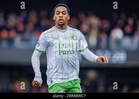 Almere, Paesi Bassi. 25 febbraio 2024. ALMERE, PAESI BASSI - FEBBRAIO 25: Quinten Timber of Feyenoord corre durante l'incontro olandese Eredivisie tra Almere City FC e Feyenoord allo Yanmar Stadion il 25 febbraio 2024 ad Almere, Paesi Bassi. (Foto di Broer van den Boom/Orange Pictures) credito: Orange Pics BV/Alamy Live News Foto Stock