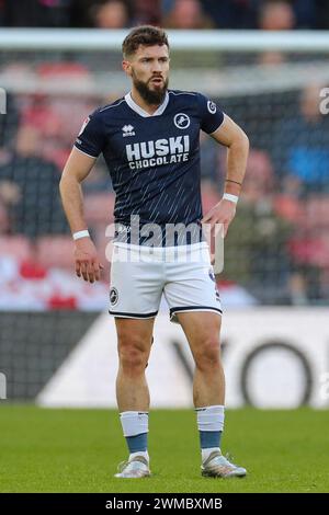 Southampton, Regno Unito. 24 febbraio 2024. Attaccante del Millwall Tom Bradshaw (9) durante il Southampton FC contro Millwall FC al St.Mary's Stadium, Southampton, Inghilterra, Regno Unito il 24 febbraio 2024 Credit: Every Second Media/Alamy Live News Foto Stock