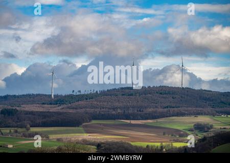 Windenergie im Einklang mit der Natur 25.02.24, Selters: Symbolfoto, Illustrationsbild, Symbolbild, Illustrationsfoto Windenergie im Einklang mit der Natur Dieses Bild zeigt drei beeindruckende Windräder, die aus einem dichten Wald herausragen. Im Vordergrund erstrecken sich weite Felder und Grüne Wiesen, die ein harmonisches Bild der nachhaltigen Energiegewinnung inmitten der Natur zeichnen. AM Horizont bilden sich malerische Quellwolken, Die dem Himmel eine dramatische Kulisse verleihen und die Verbindung zwischen Himmel und Erde symbolisieren. Selters Hessen Germania *** energia eolica in armo Foto Stock